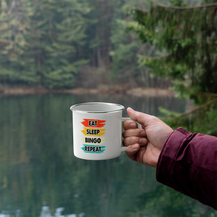 Eat Sleep Bingo Repeat – 12oz Enamel Camping Mug – Gift for Her - Gift for Him