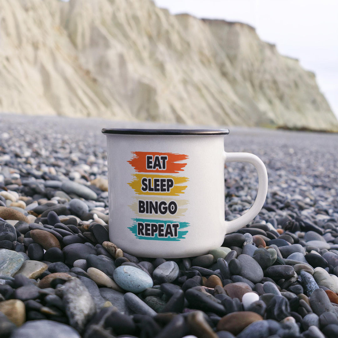 Eat Sleep Bingo Repeat – 12oz Enamel Camping Mug – Gift for Her - Gift for Him
