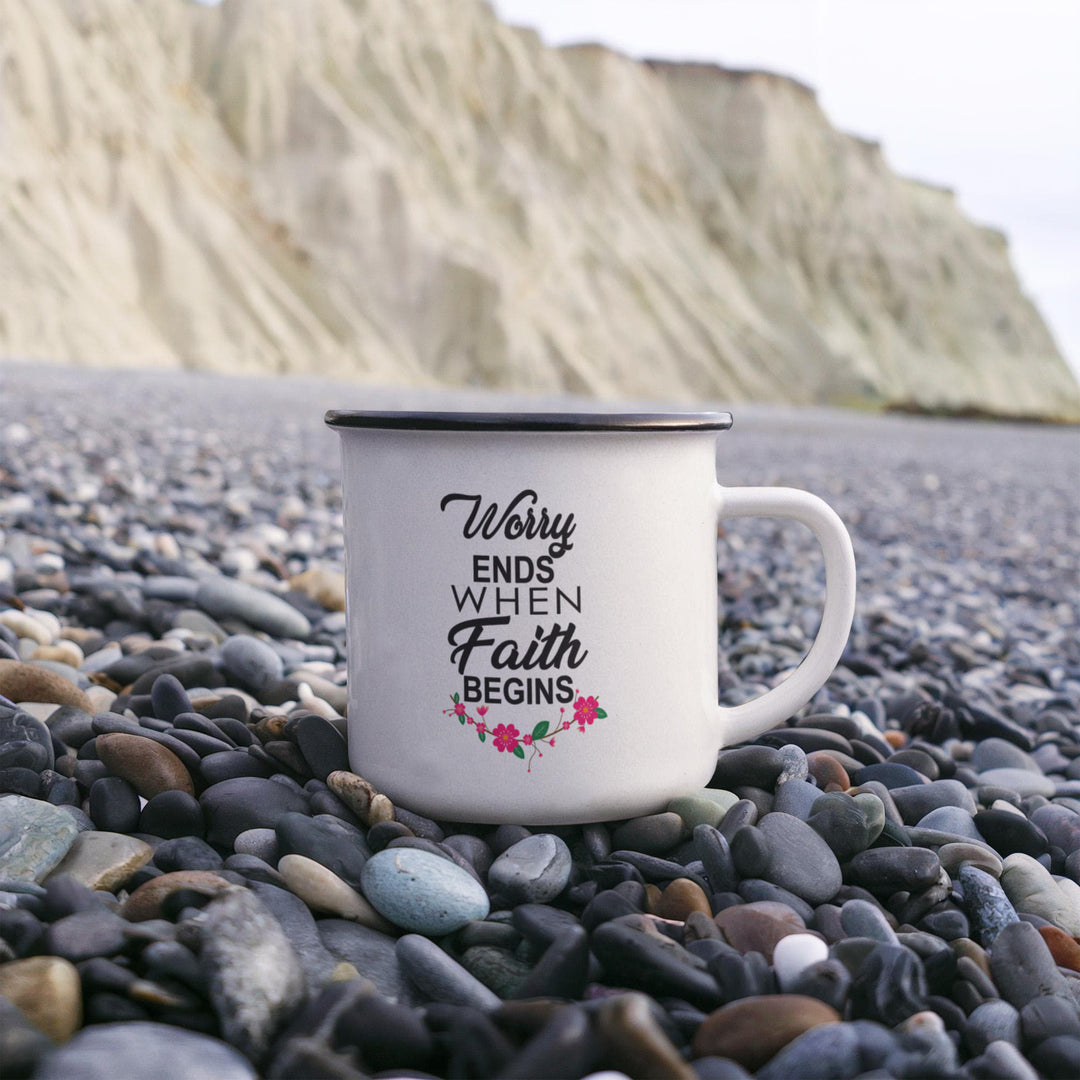 Worry Ends When Faith Begins Camping Mug – Gift for Her