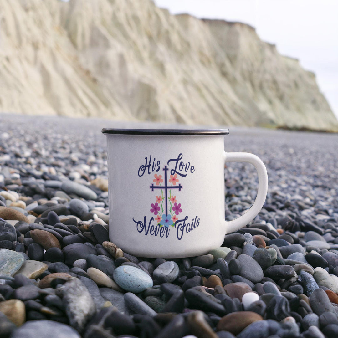 His Love Never Fails 12oz Enamel Camping Mug – Gift for Her