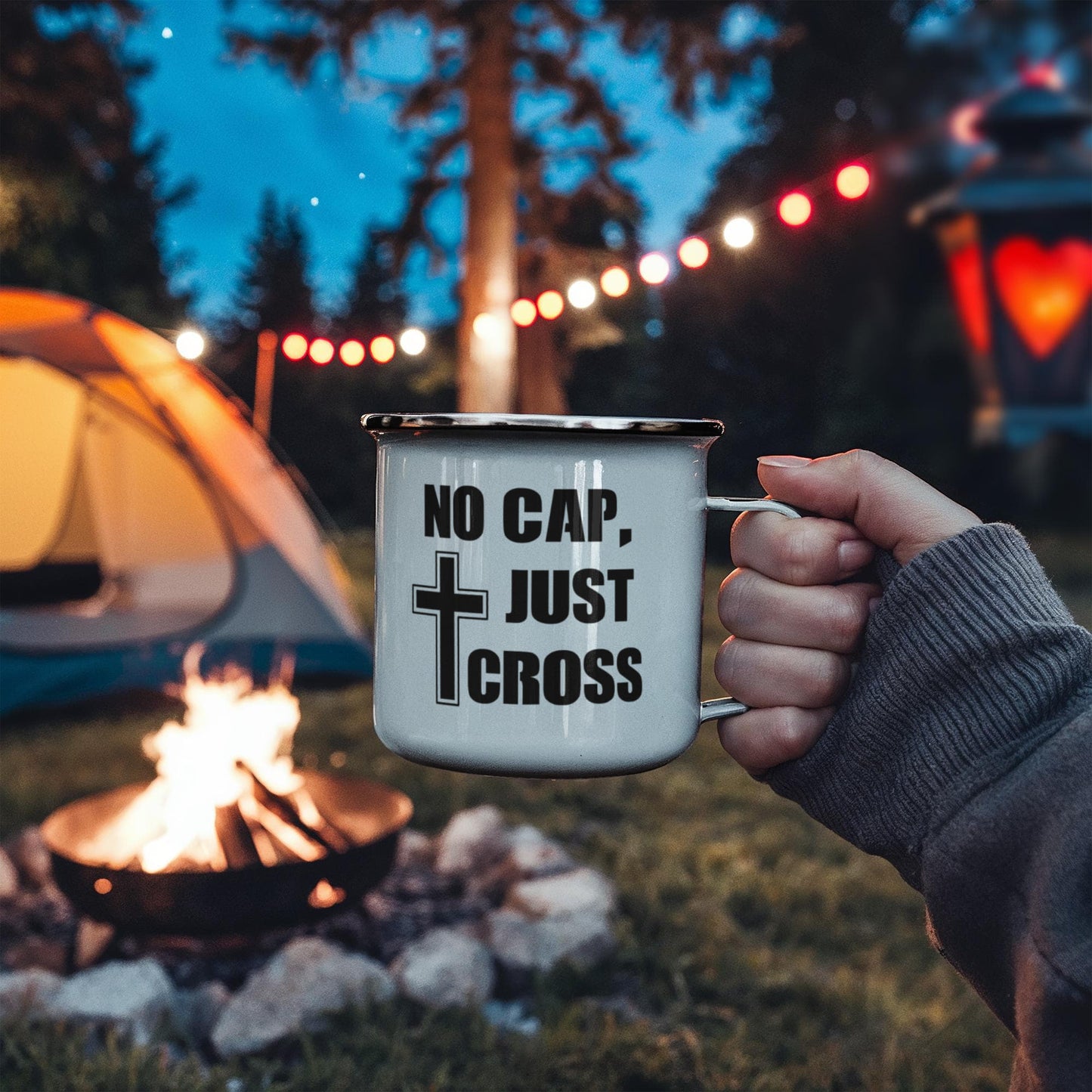 No Cap, Just Cross - 12oz Enamel Camping Mug - Gift for Her - Gift for Him