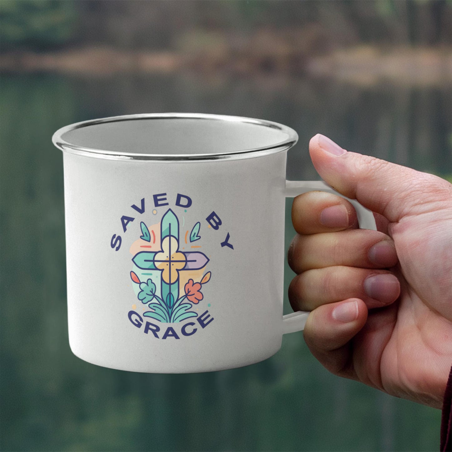 Saved By Grace - 12oz Enamel Camping Mug - Gift for Her