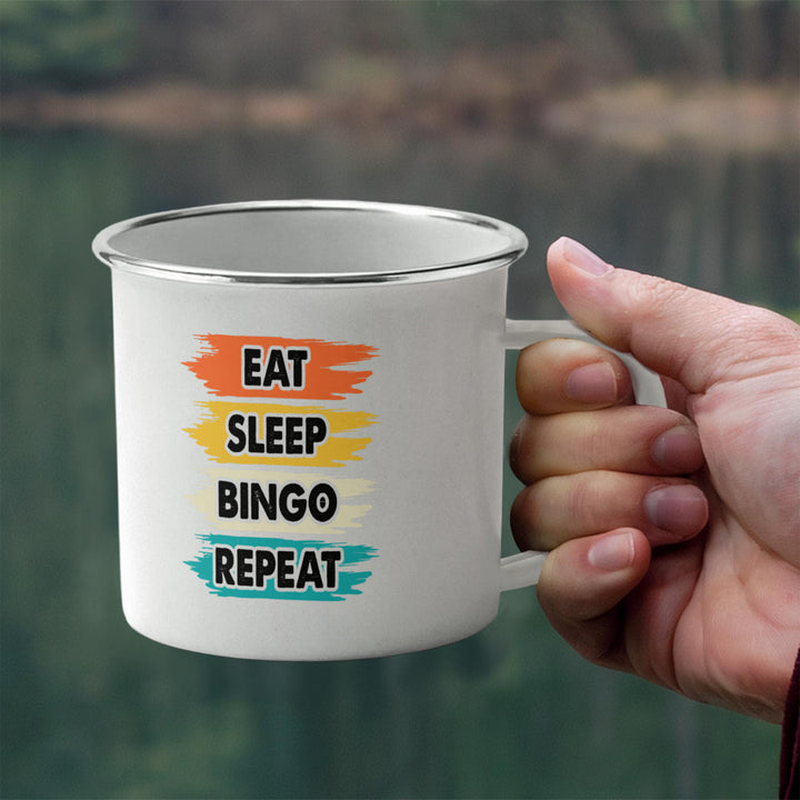 Eat Sleep Bingo Repeat – 12oz Enamel Camping Mug – Gift for Her - Gift for Him