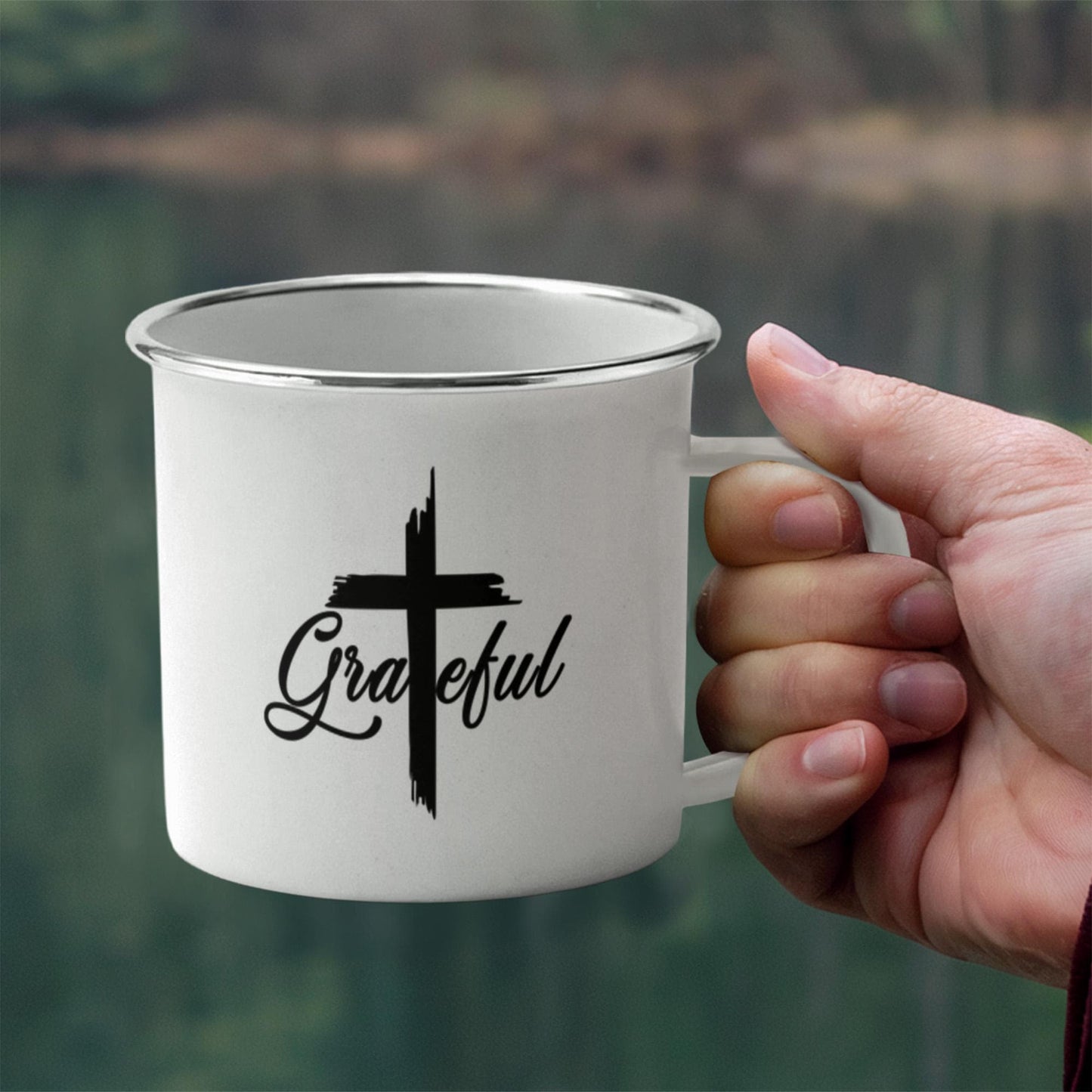 Grateful - 12oz Enamel Camping Mug - Gift for Her - Gift for Him