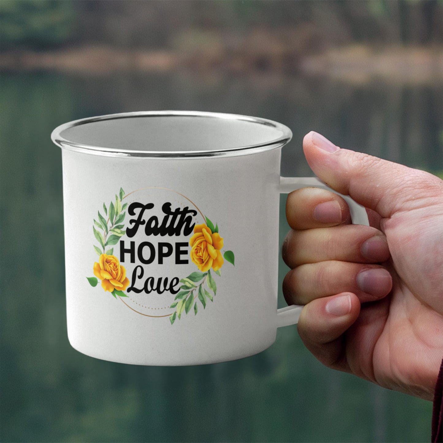 Faith Hope Love - 12oz Enamel Camping Mug - Gift for Her