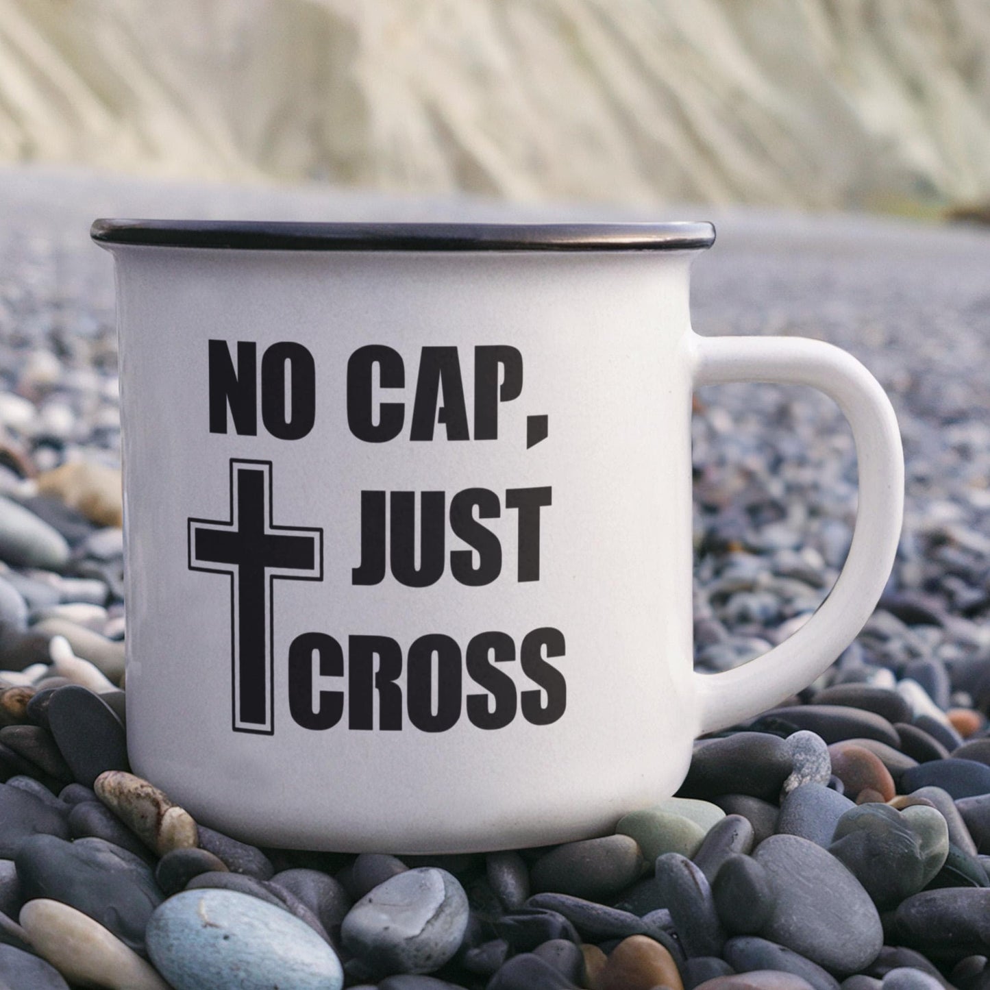 No Cap, Just Cross - 12oz Enamel Camping Mug - Gift for Her - Gift for Him