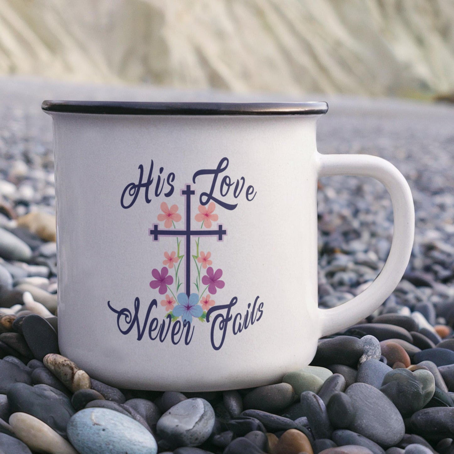 His Love Never Fails - 12oz Enamel Camping Mug - Gift for Her
