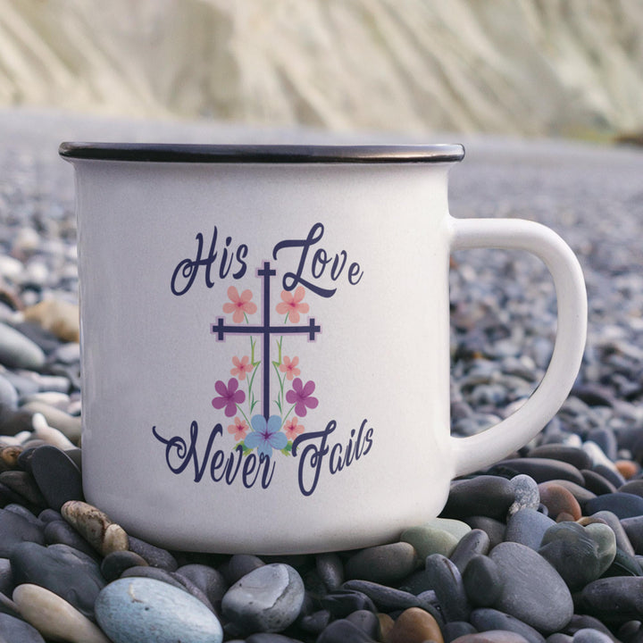 His Love Never Fails 12oz Enamel Camping Mug – Gift for Her
