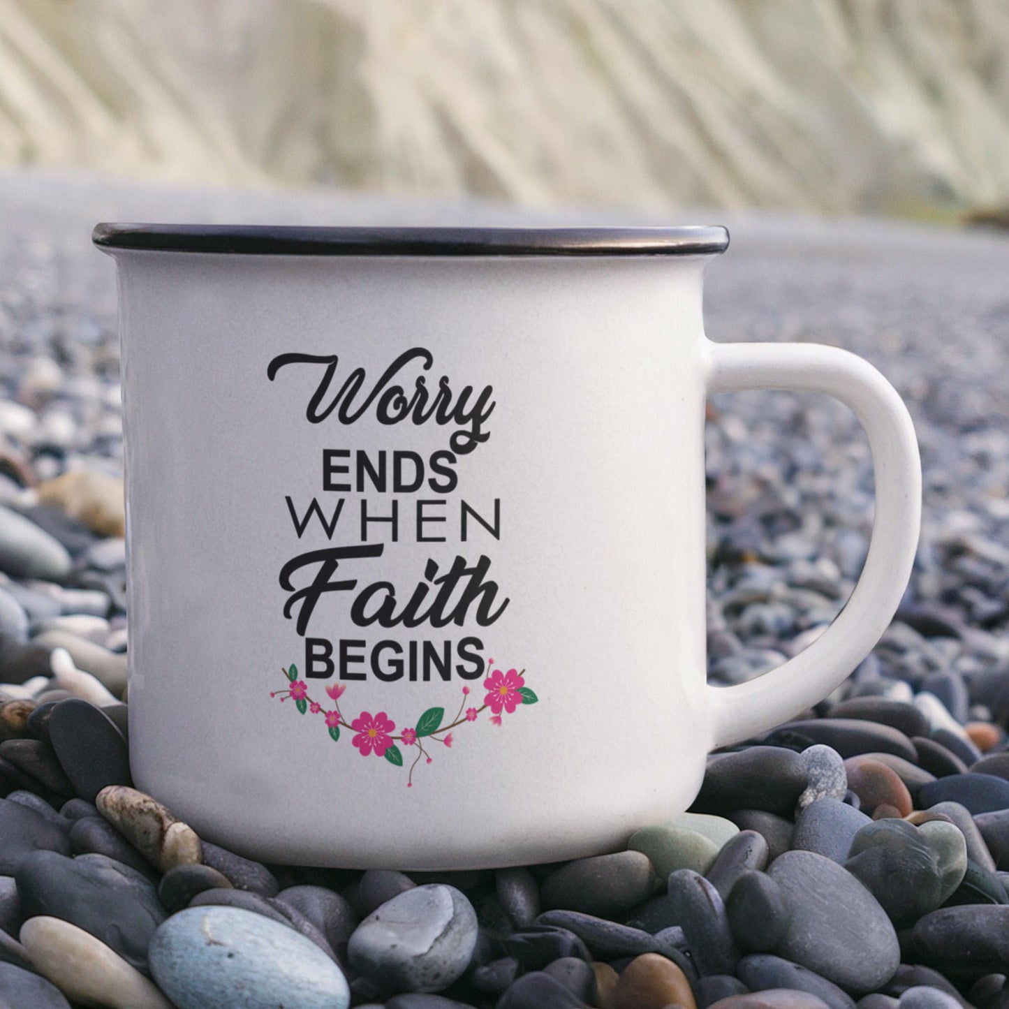 Worry Ends When Faith Begins - 12oz Enamel Camping Mug - Gift for Her