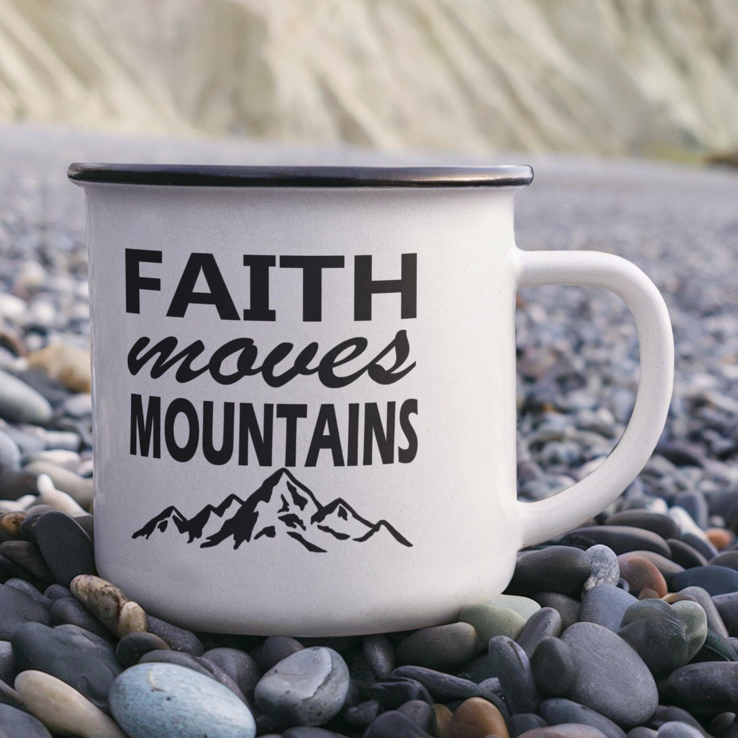 Faith Moves Mountains - 12oz Enamel Camping Mug - Gift for Her - Gift for Him