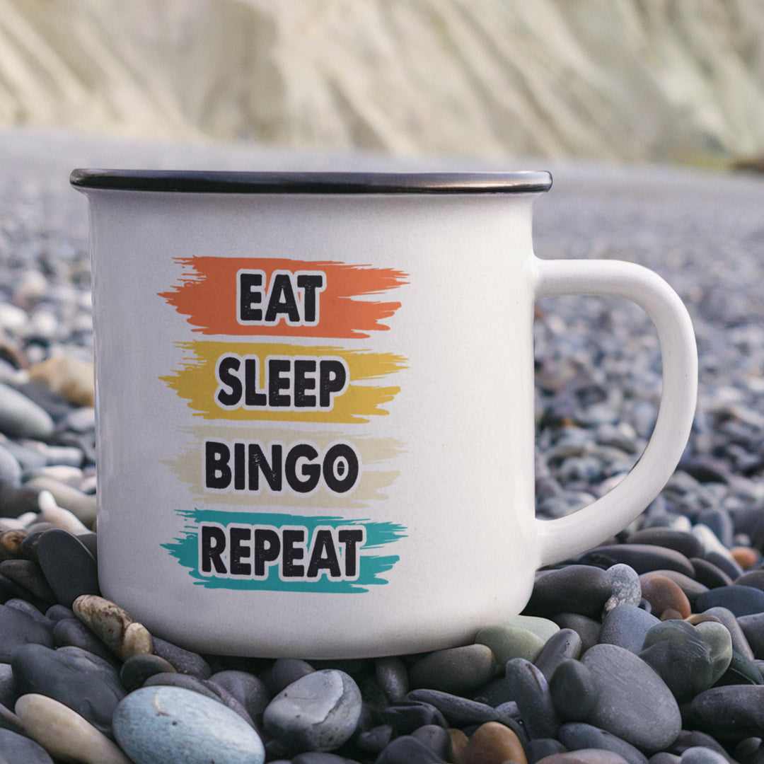 Eat Sleep Bingo Repeat – 12oz Enamel Camping Mug – Gift for Her - Gift for Him
