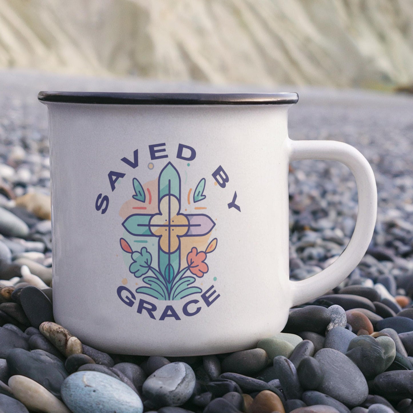 Saved By Grace - 12oz Enamel Camping Mug - Gift for Her