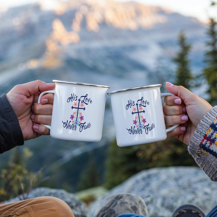 His Love Never Fails 12oz Enamel Camping Mug – Gift for Her