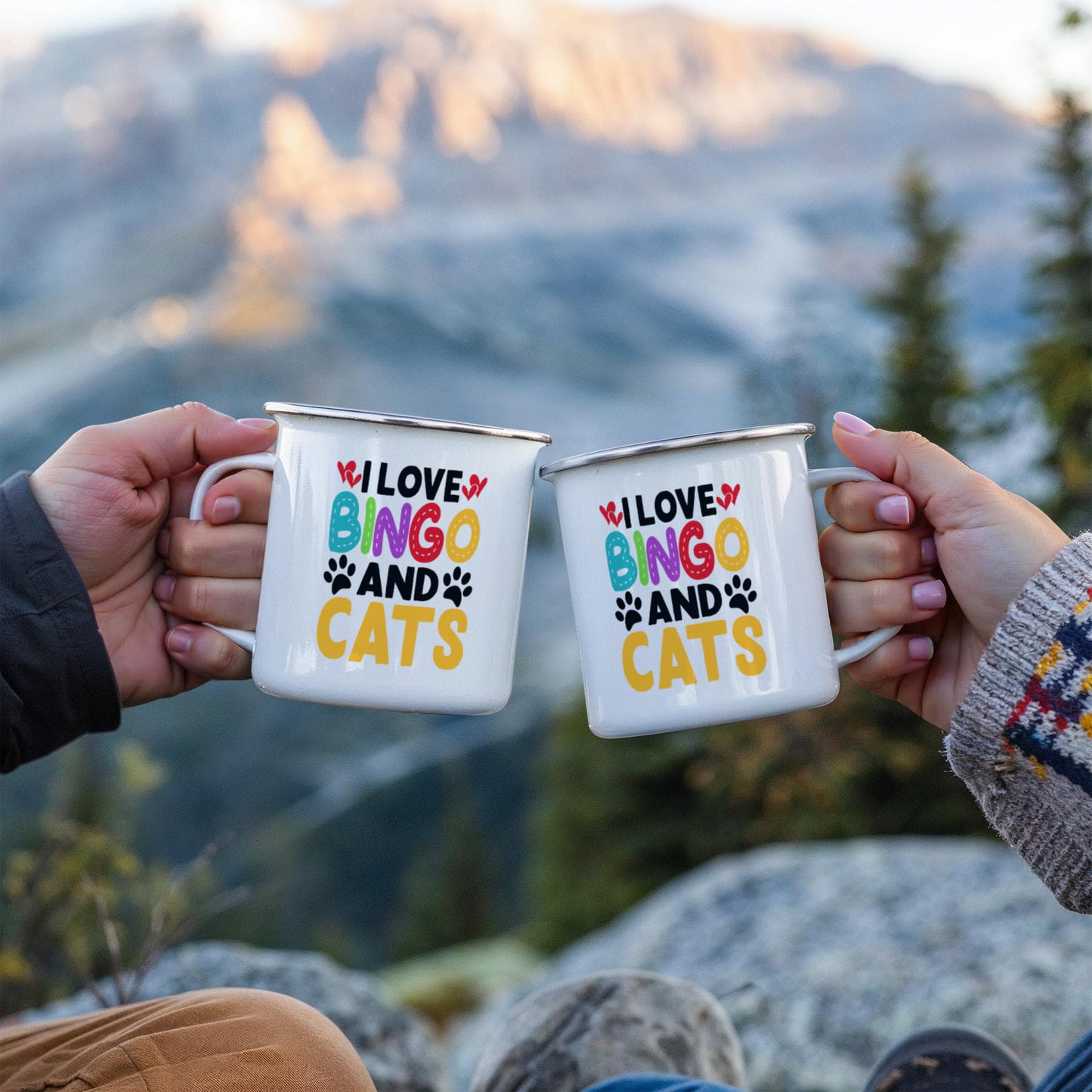 I Love Bingo And Cats - 12oz Enamel Camping Mug - Gift for Her - Gift for Him