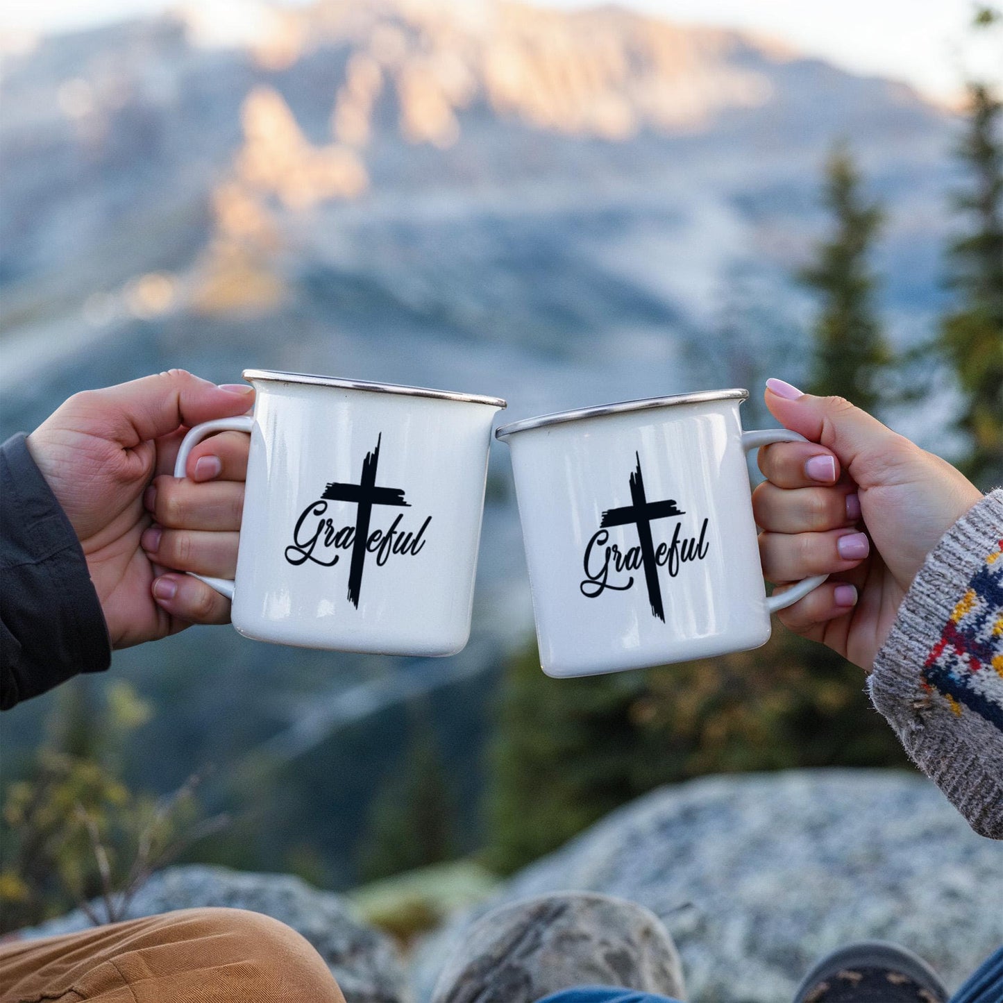 Grateful - 12oz Enamel Camping Mug - Gift for Her - Gift for Him