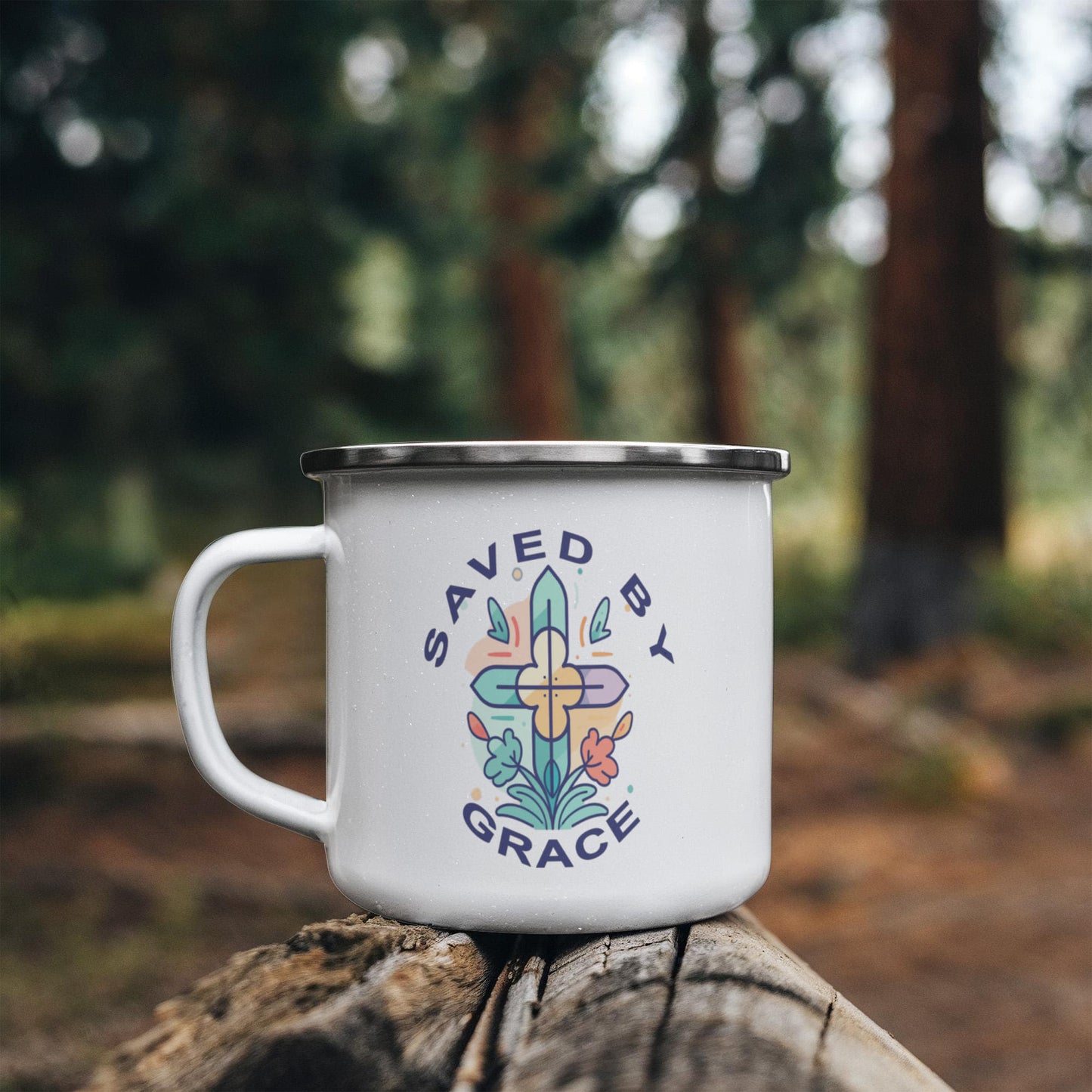 Saved By Grace - 12oz Enamel Camping Mug - Gift for Her