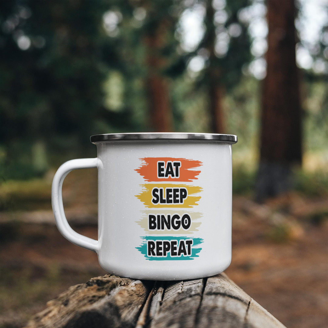 Eat Sleep Bingo Repeat – 12oz Enamel Camping Mug – Gift for Her - Gift for Him