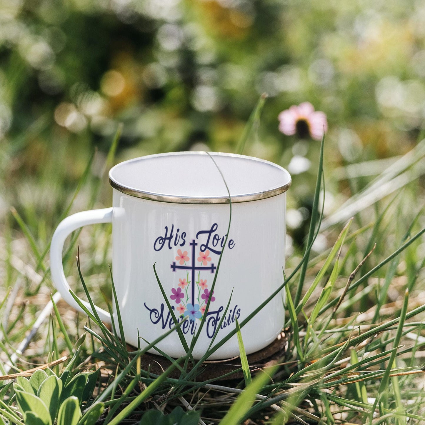 His Love Never Fails - 12oz Enamel Camping Mug - Gift for Her