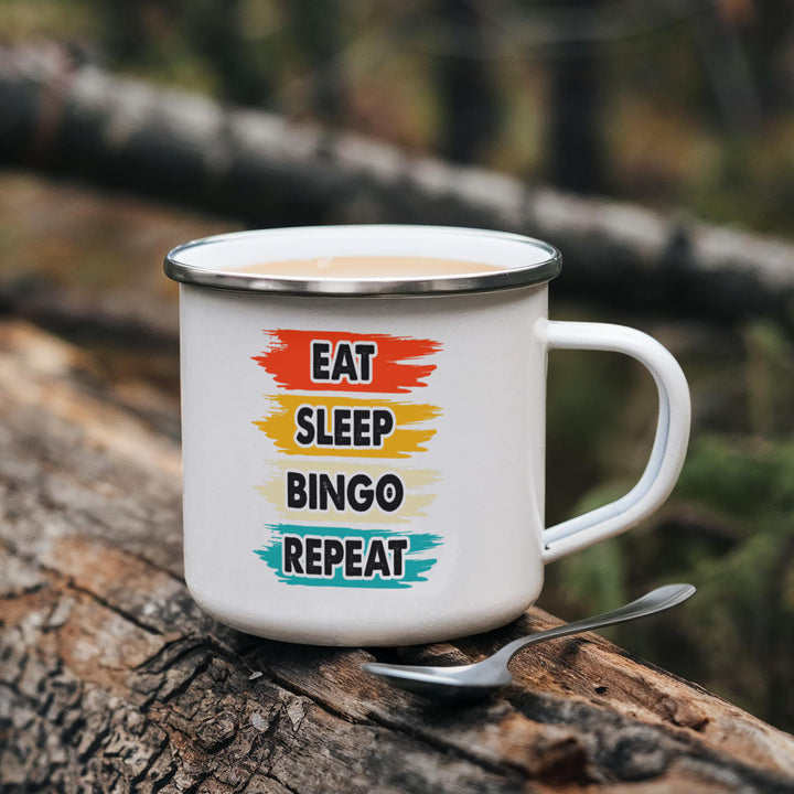 Eat Sleep Bingo Repeat – 12oz Enamel Camping Mug – Gift for Her - Gift for Him