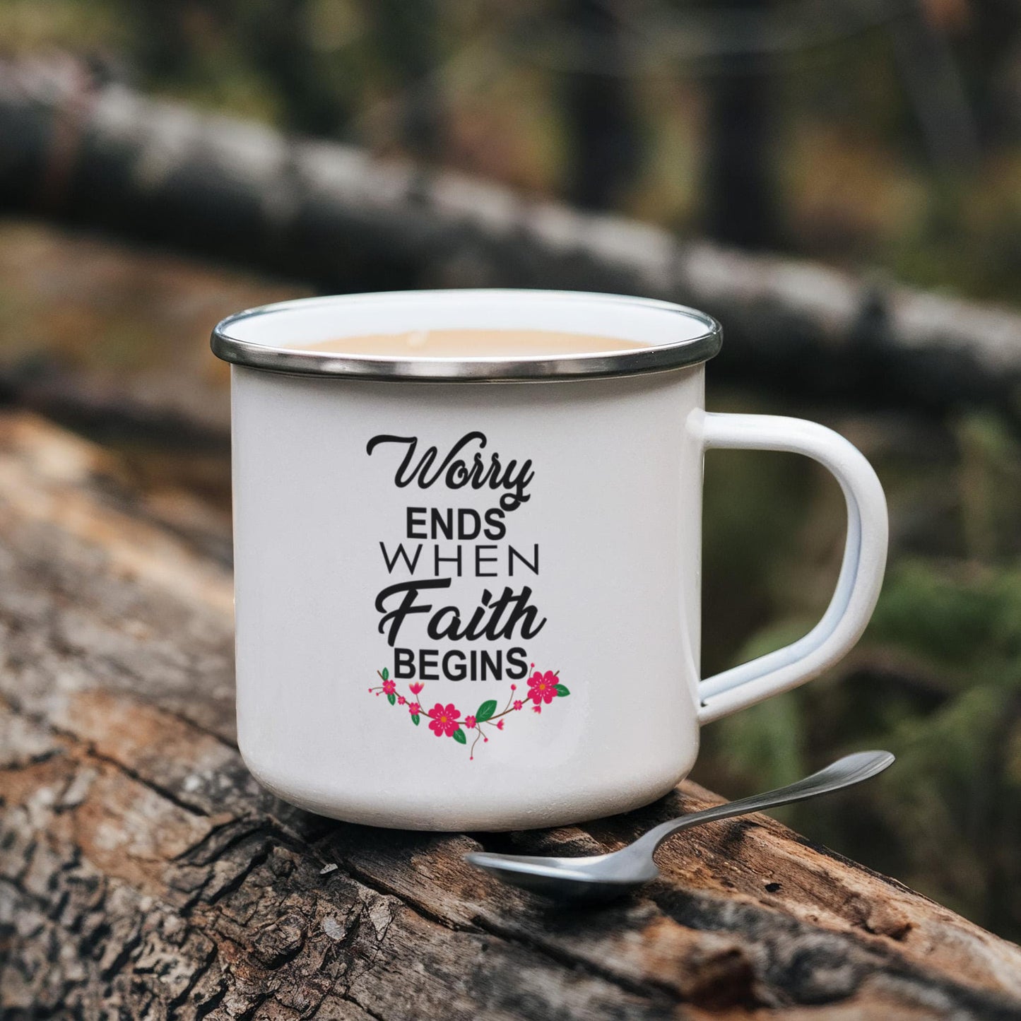 Worry Ends When Faith Begins - 12oz Enamel Camping Mug - Gift for Her