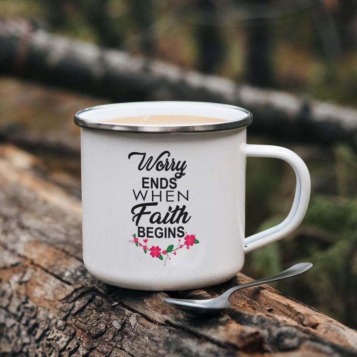 Worry Ends When Faith Begins Camping Mug – Gift for Her