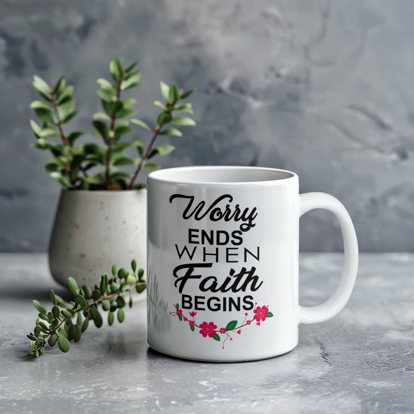 Worry Ends When Faith Begins - White Ceramic Mug 11oz. & 15oz. - Gift for Her