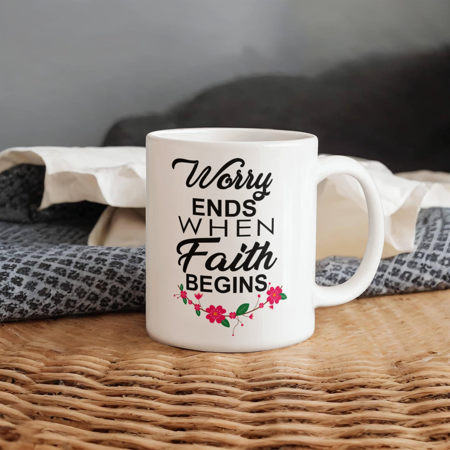 Worry Ends When Faith Begins - White Ceramic Mug 11oz. & 15oz. - Gift for Her