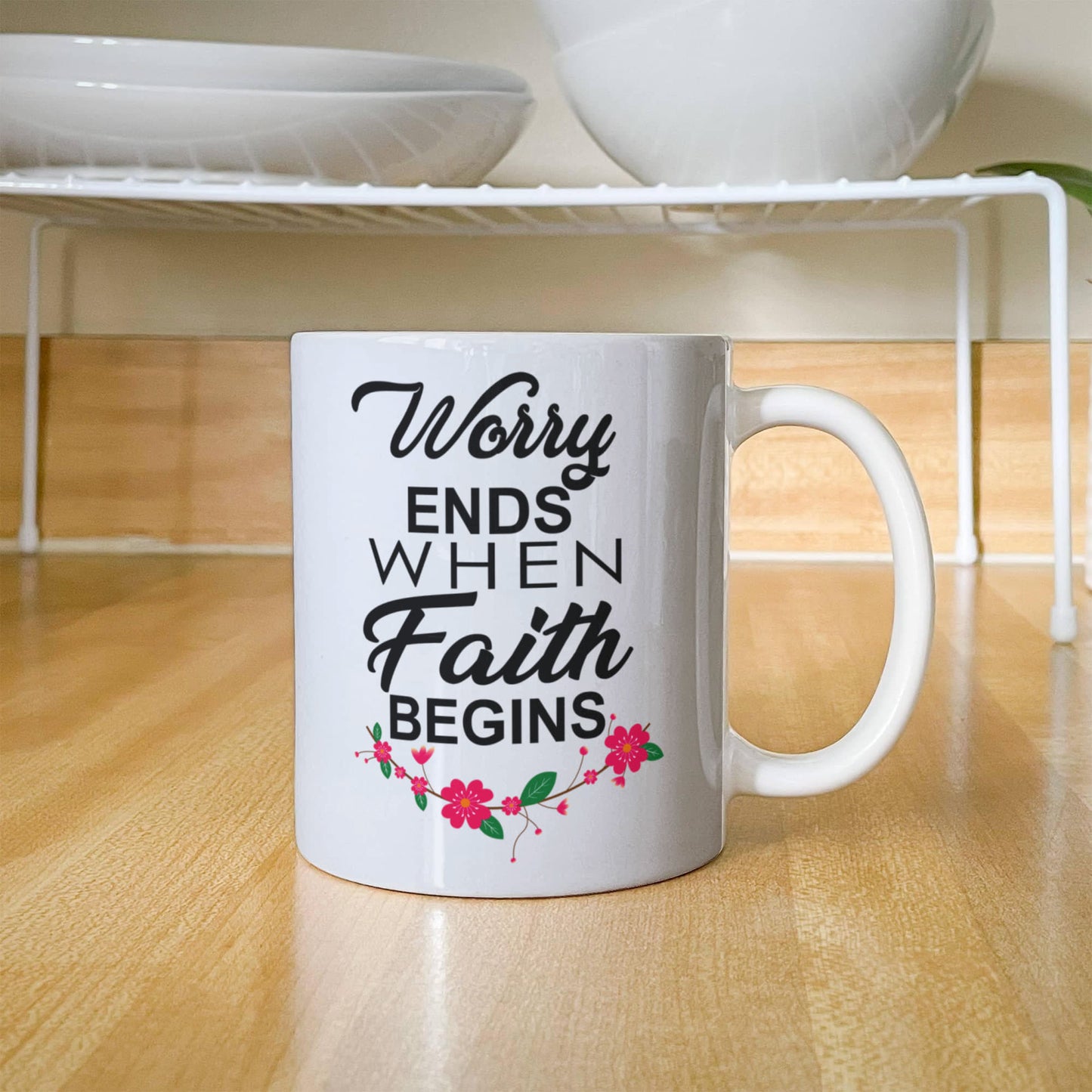 Worry Ends When Faith Begins - White Ceramic Mug 11oz. & 15oz. - Gift for Her