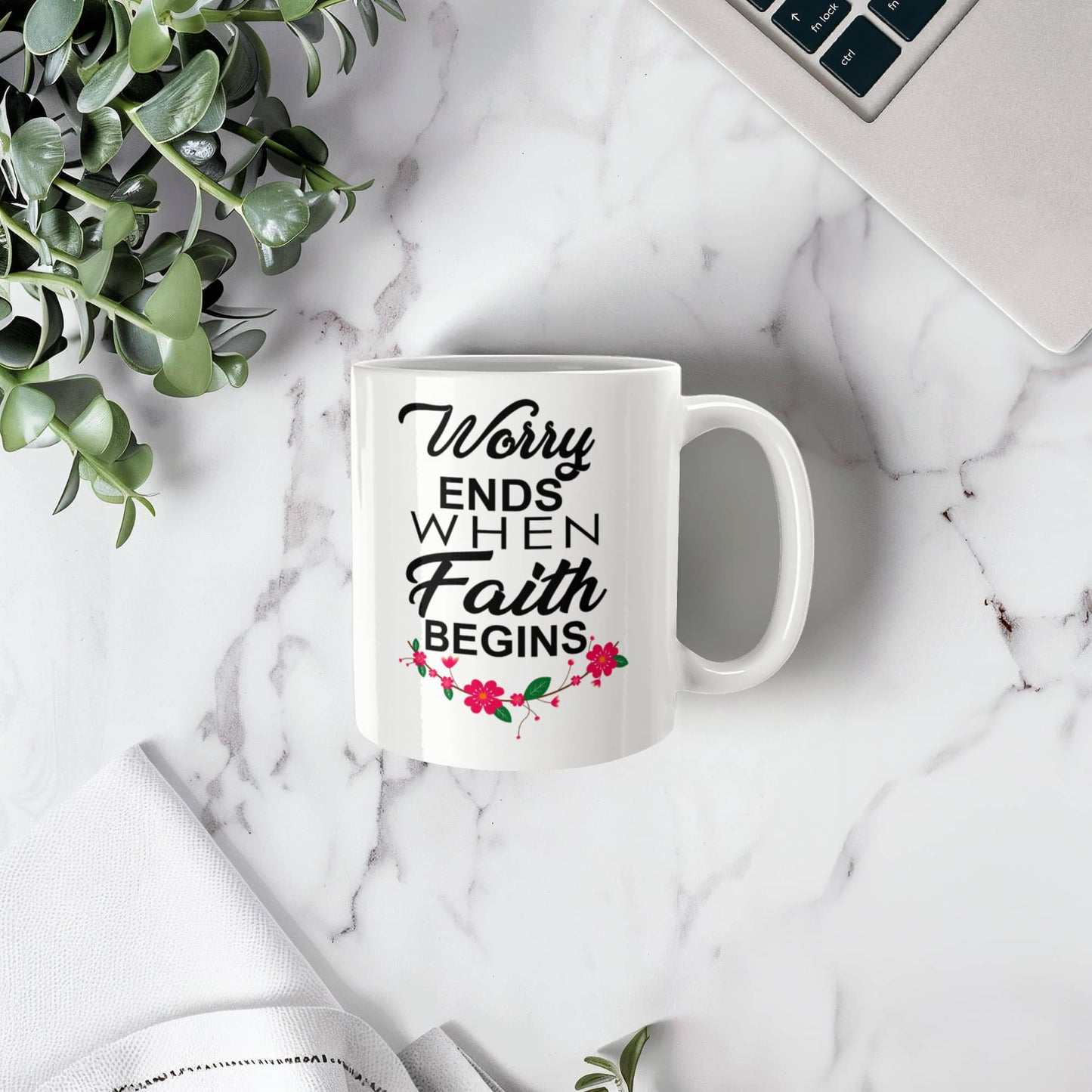 Worry Ends When Faith Begins - White Ceramic Mug 11oz. & 15oz. - Gift for Her