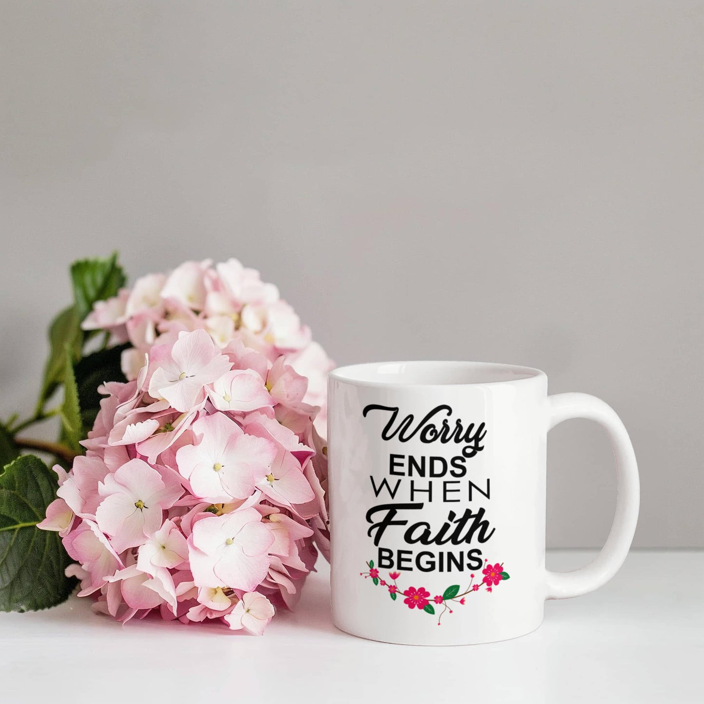 Worry Ends When Faith Begins - White Ceramic Mug 11oz. & 15oz. - Gift for Her