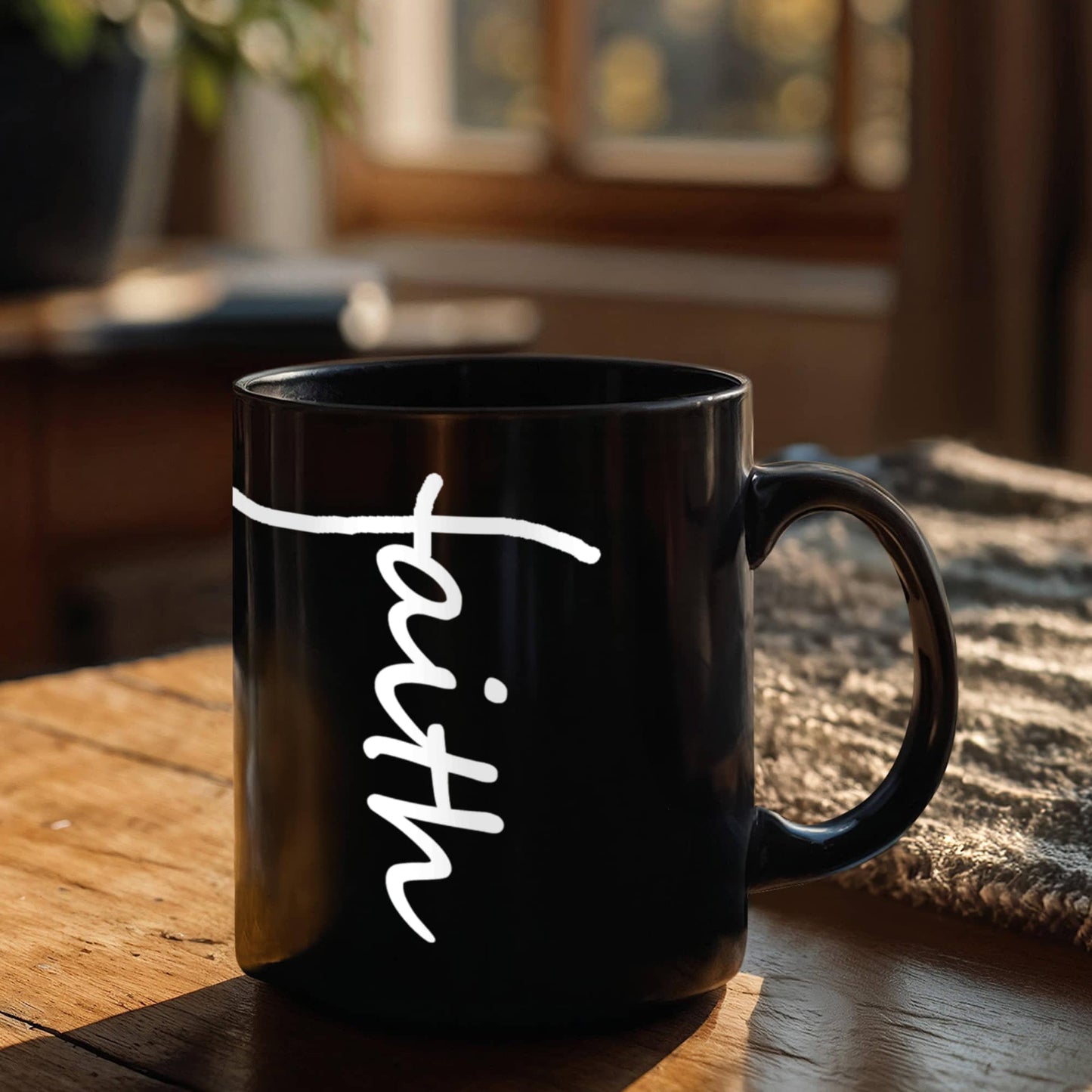 Faith (White) - Black Ceramic Mug 11oz. & 15oz. - Gift for Her - Gift for Him