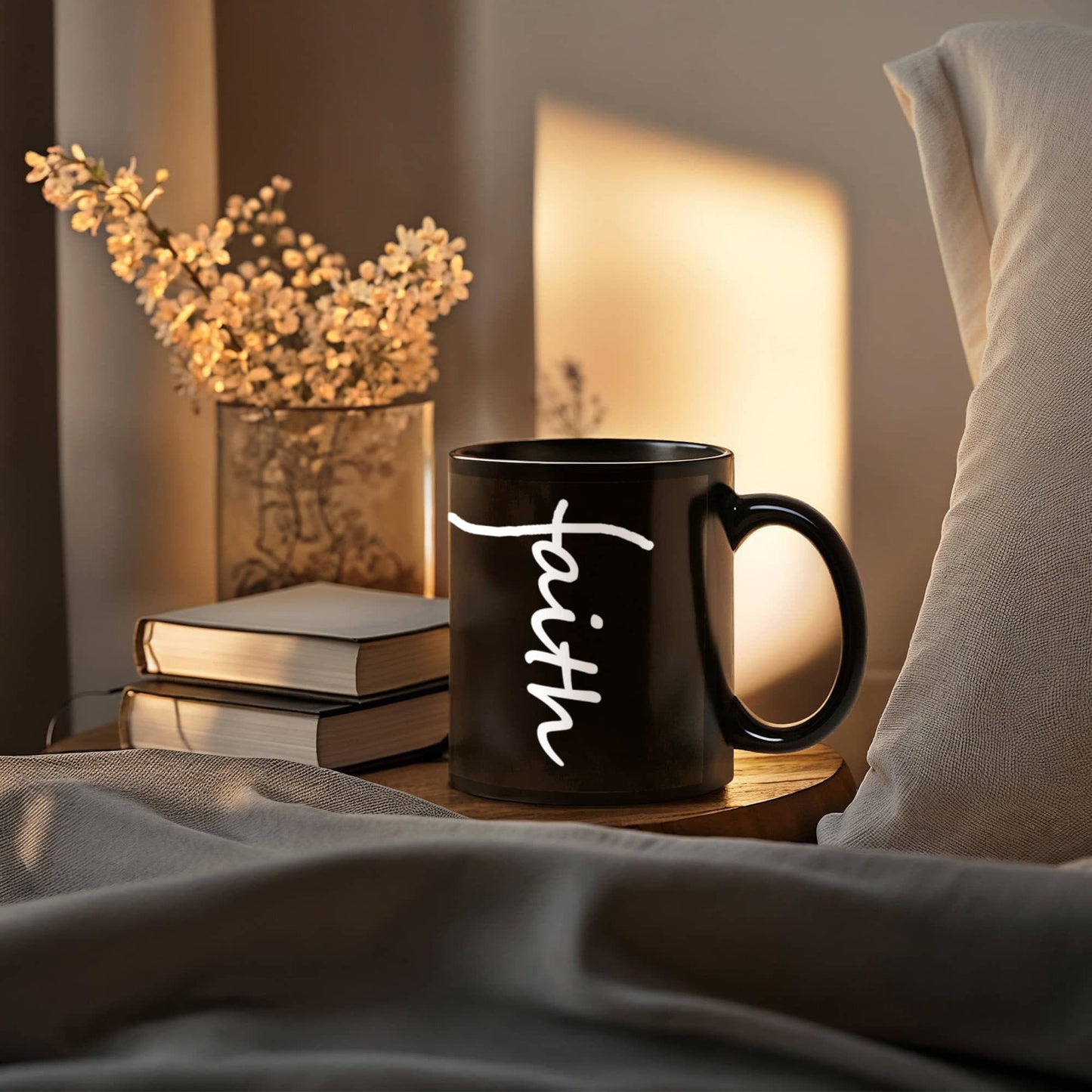 Faith (White) - Black Ceramic Mug 11oz. & 15oz. - Gift for Her - Gift for Him