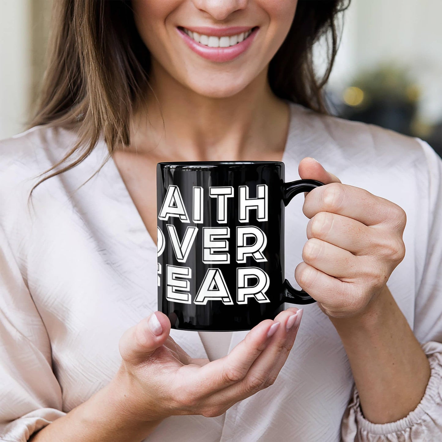 Faith Over Fear - Black Ceramic Mug 11oz. & 15oz. - Gift for Her - Gift for Him
