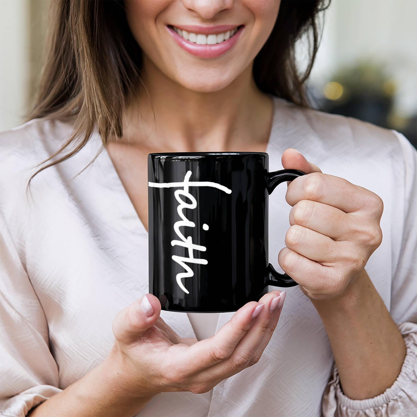 Faith (White) - Black Ceramic Mug 11oz. & 15oz. - Gift for Her - Gift for Him