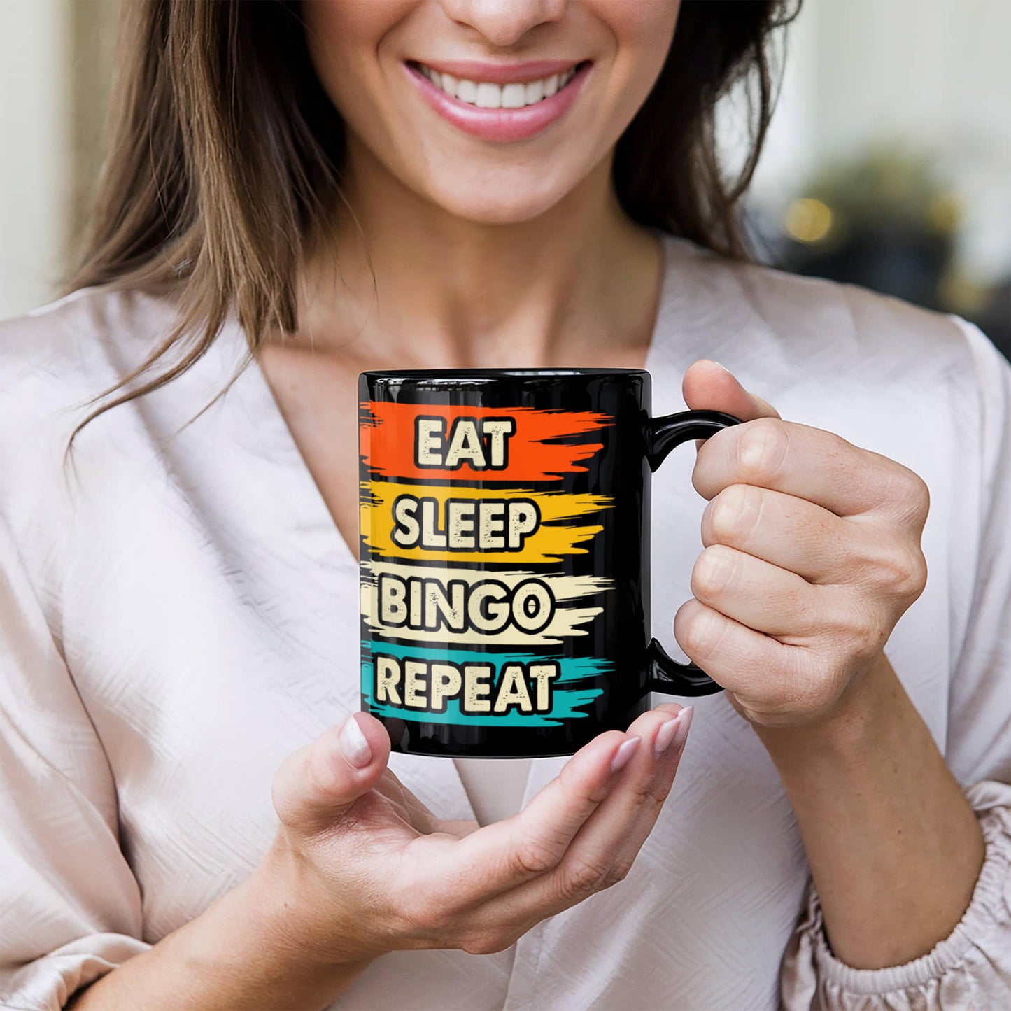 Eat Sleep Bingo Repeat - Black Ceramic Mug - Gift for Her - Gift for Him