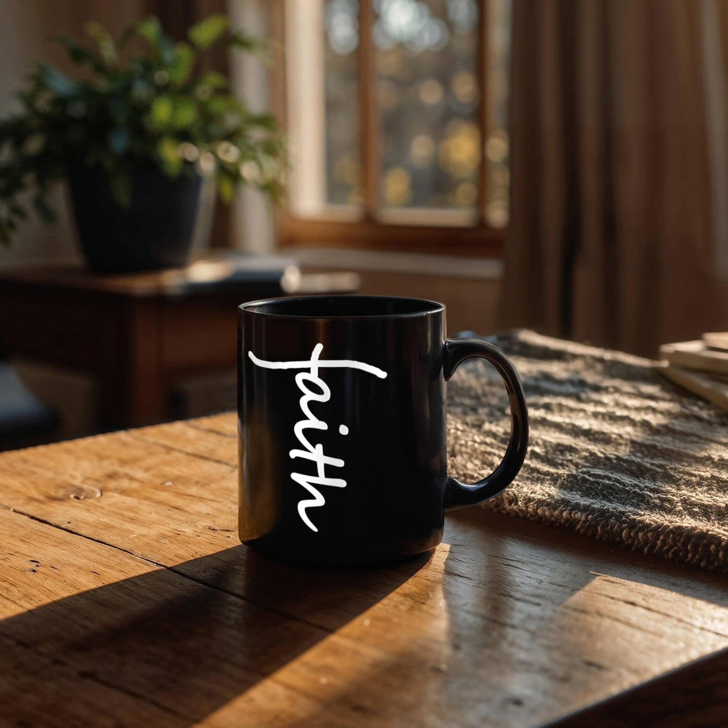 Faith (White) - Black Ceramic Mug 11oz. & 15oz. - Gift for Her - Gift for Him
