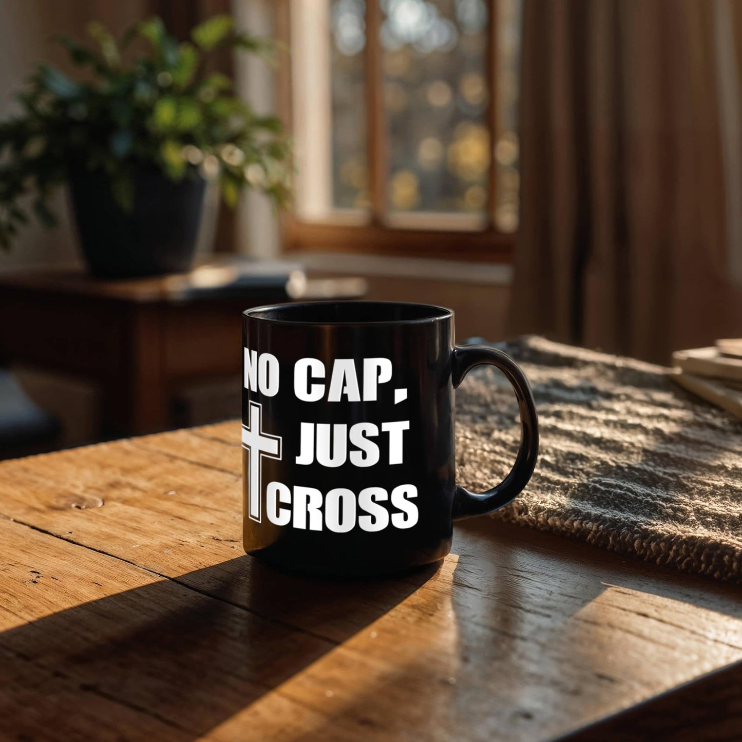 No Cap, Just Cross - Black Ceramic Mug 11oz. & 15oz. - Gift for Her - Gift for Him