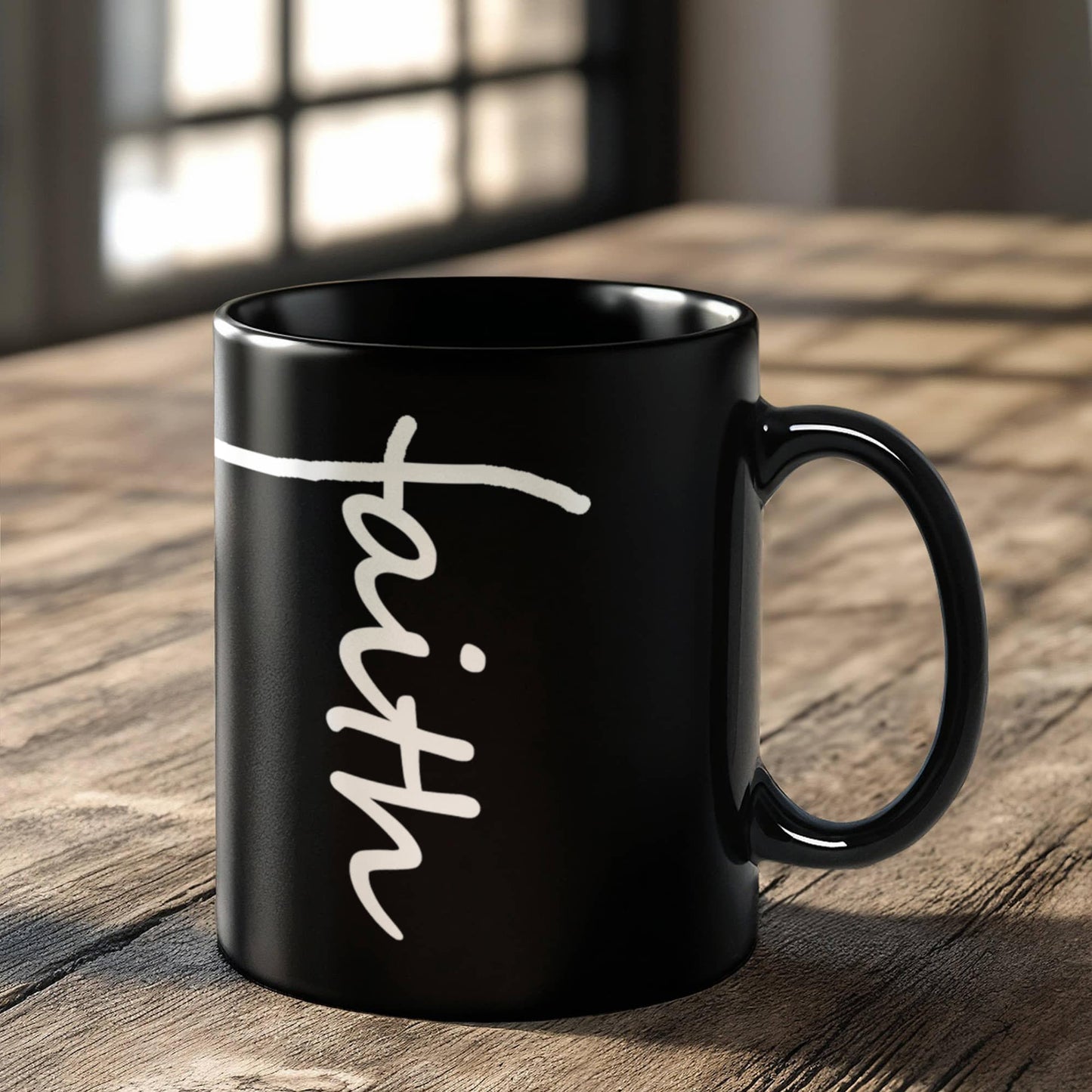 Faith (White) - Black Ceramic Mug 11oz. & 15oz. - Gift for Her - Gift for Him