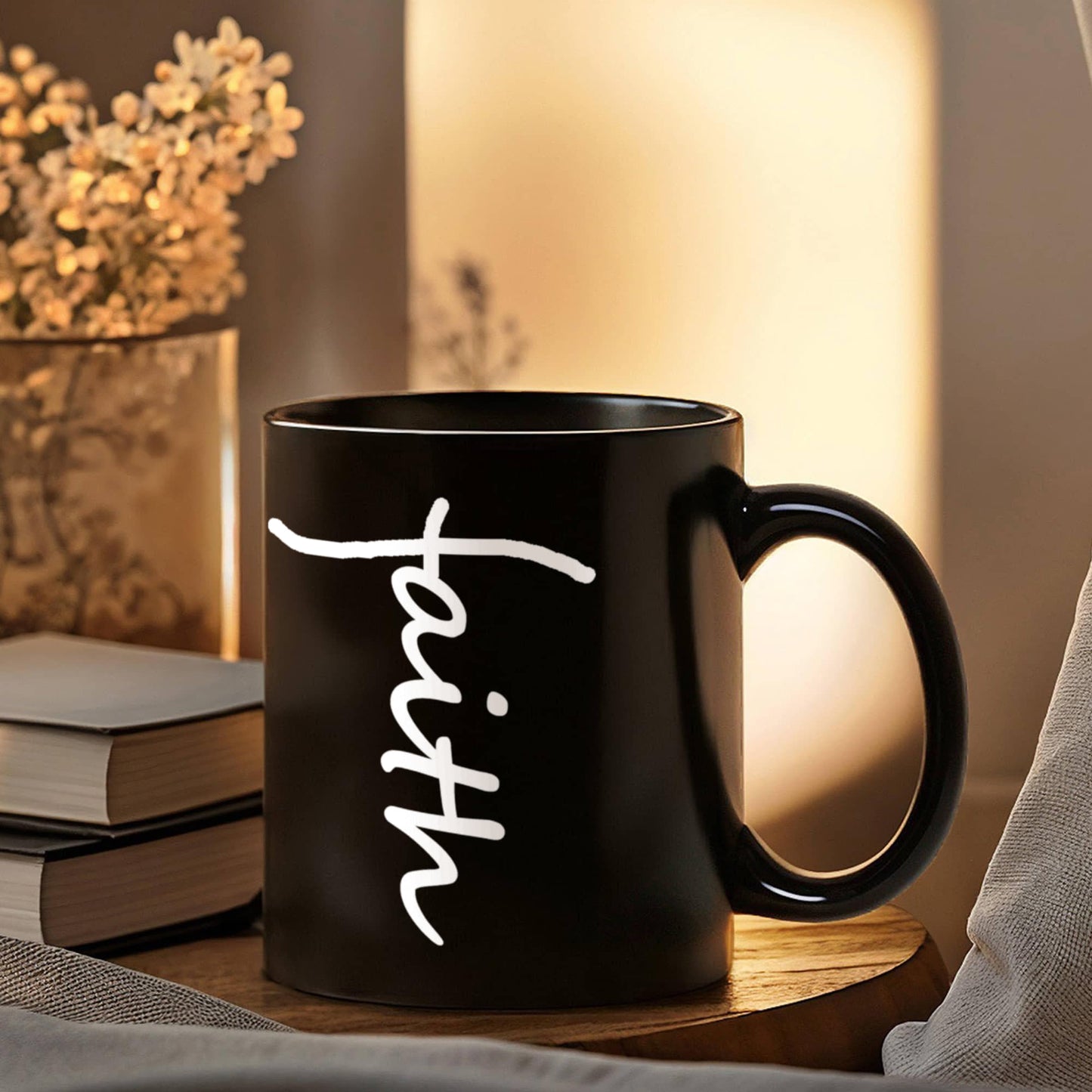 Faith (White) - Black Ceramic Mug 11oz. & 15oz. - Gift for Her - Gift for Him