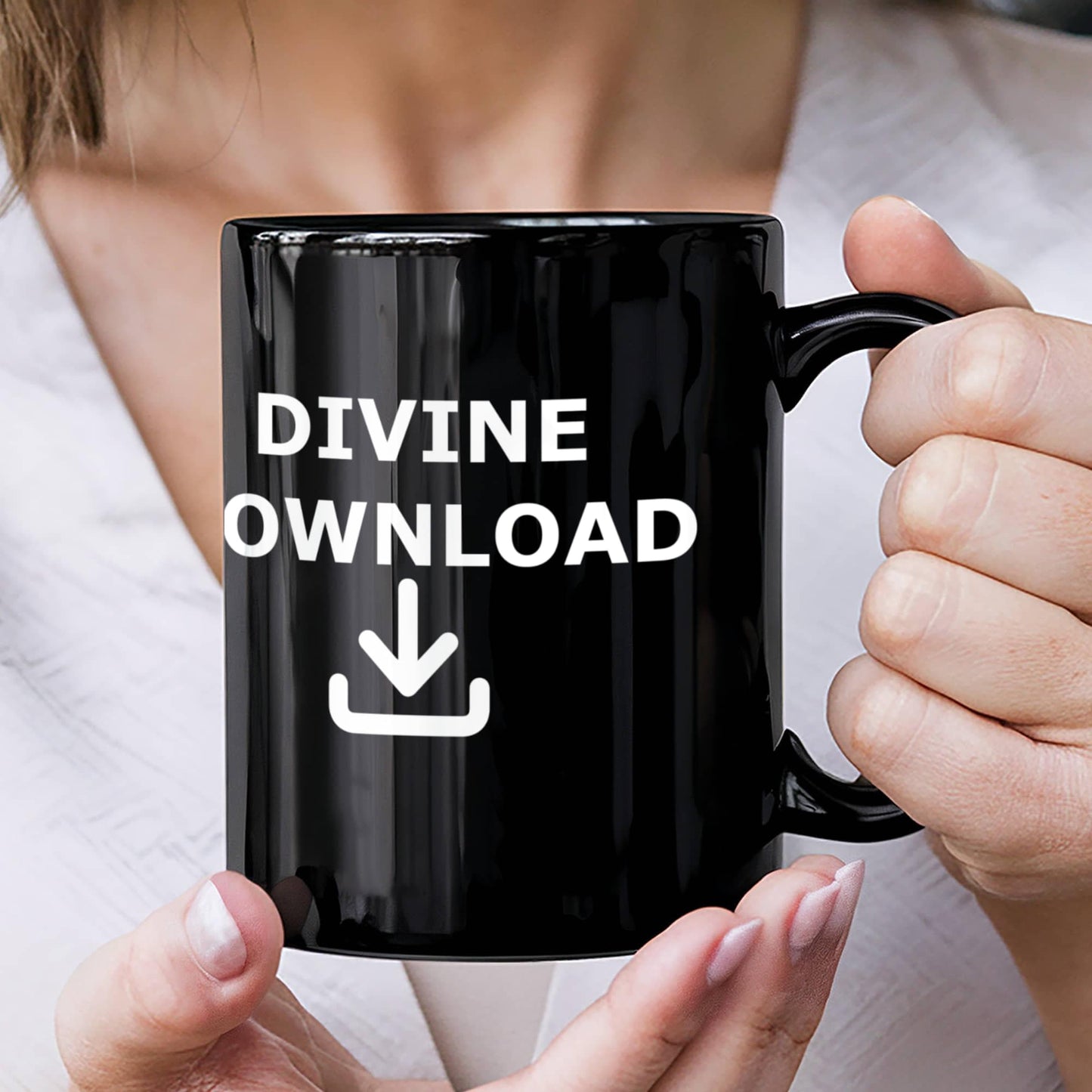 Divine Download - Black Ceramic Mug 11oz. & 15oz. - Gift for Her - Gift for Him