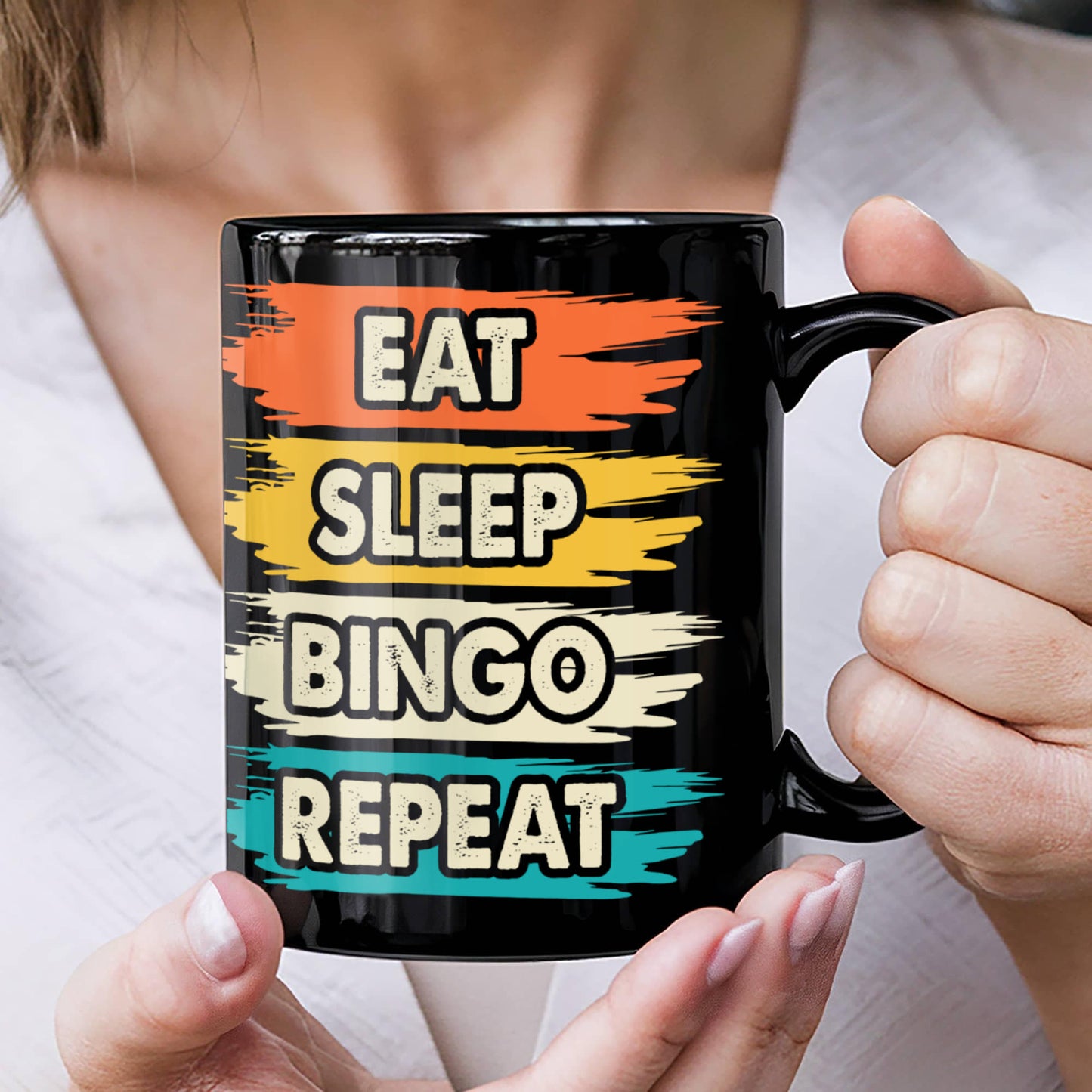 Eat Sleep Bingo Repeat - Black Ceramic Mug - Gift for Her - Gift for Him