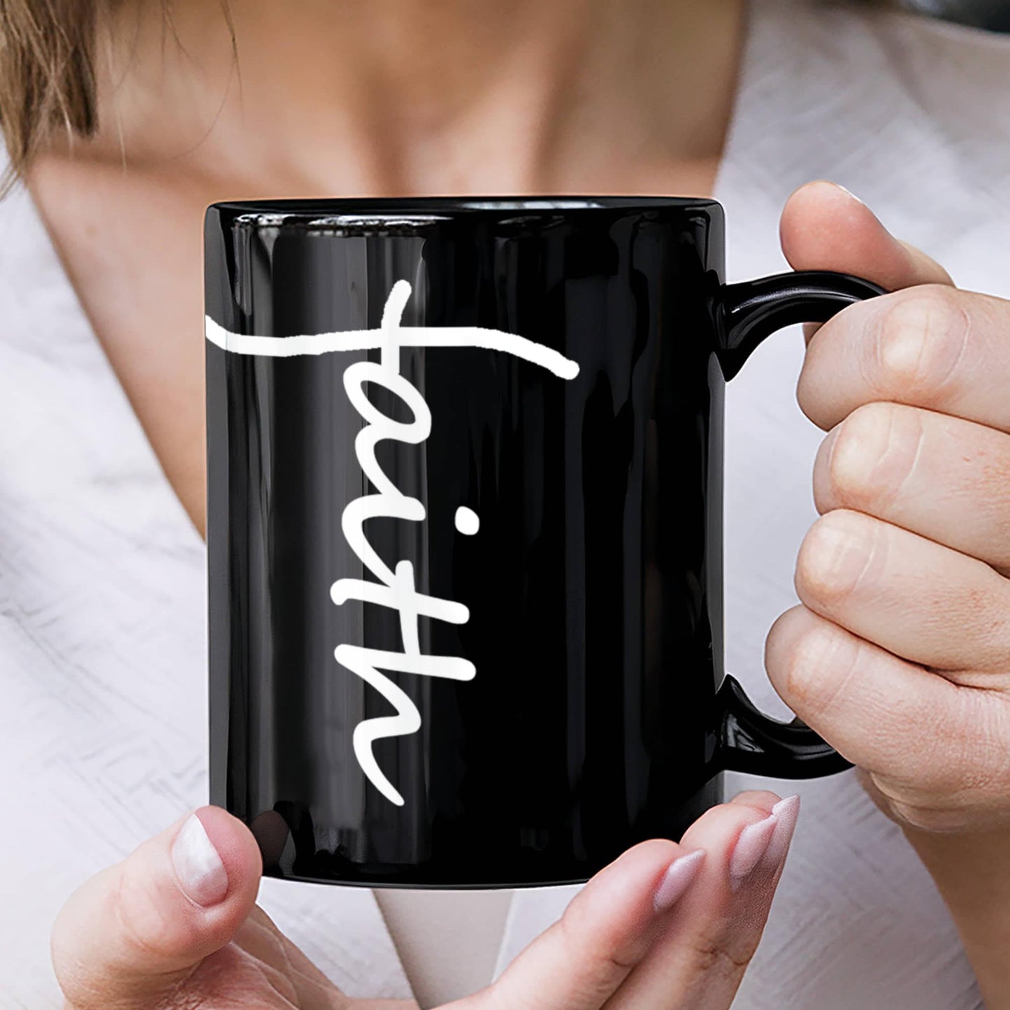 Faith (White) - Black Ceramic Mug 11oz. & 15oz. - Gift for Her - Gift for Him