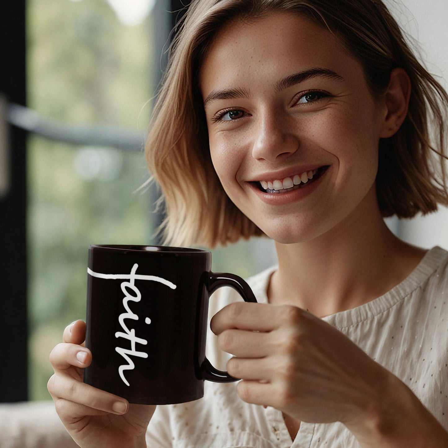 Faith (White) - Black Ceramic Mug 11oz. & 15oz. - Gift for Her - Gift for Him