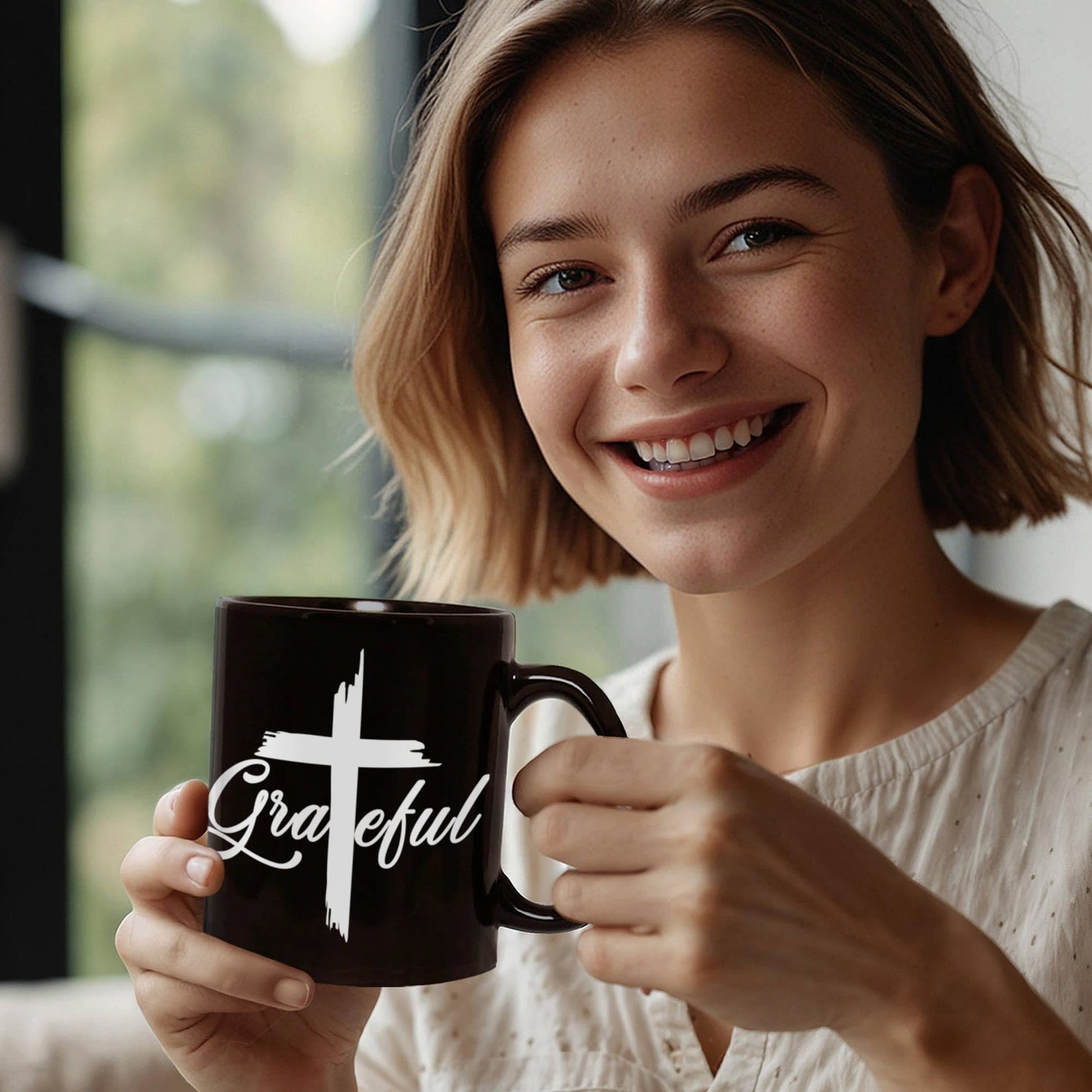 Grateful - Black Ceramic Mug 11oz. & 15oz. - Gift for Her - Gift for Him