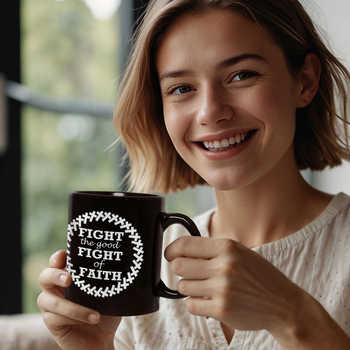 Fight The Good Fight Of Faith - Black Ceramic Mug 11oz. & 15oz. - Gift for Her - Gift for Him