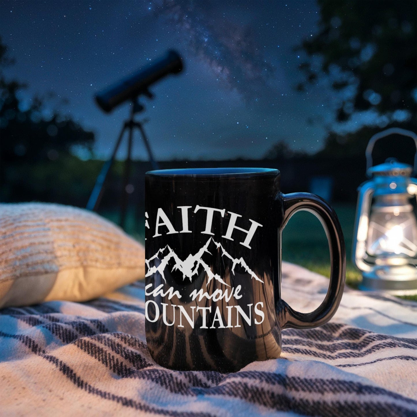 Faith Can Move Mountains - Black Ceramic Mug - Gift for Her - Gift for Him
