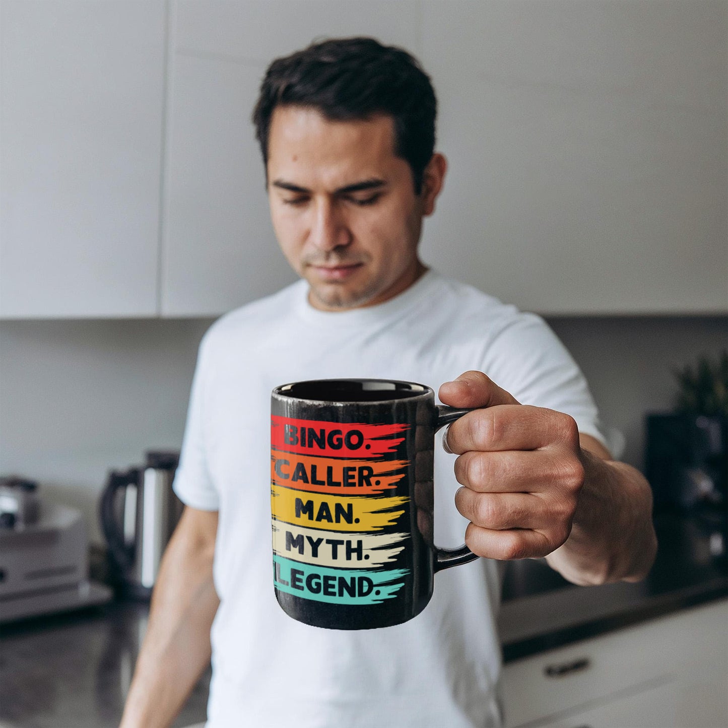 Bingo. Caller. Man. Myth. Legend. - Black Ceramic Mug - Gift for Him