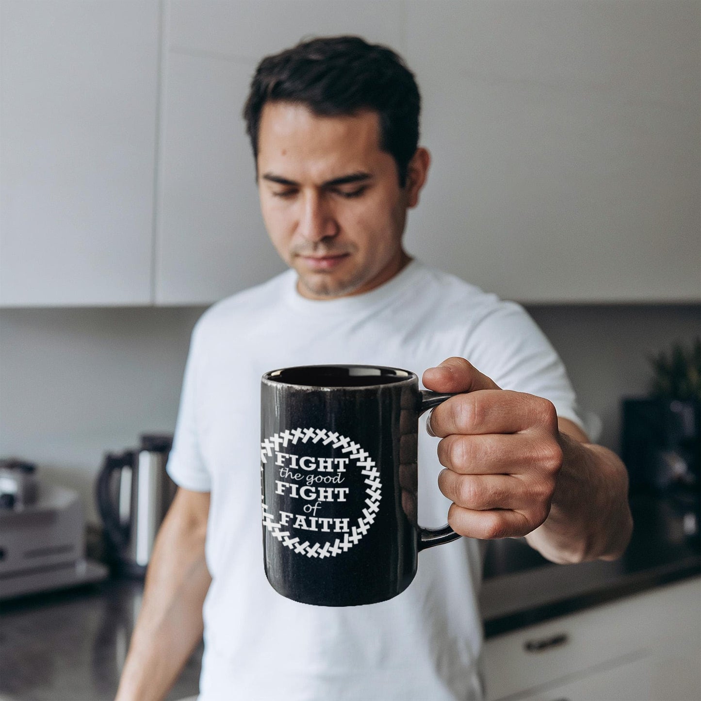 Fight The Good Fight Of Faith - Black Ceramic Mug 11oz. & 15oz. - Gift for Her - Gift for Him