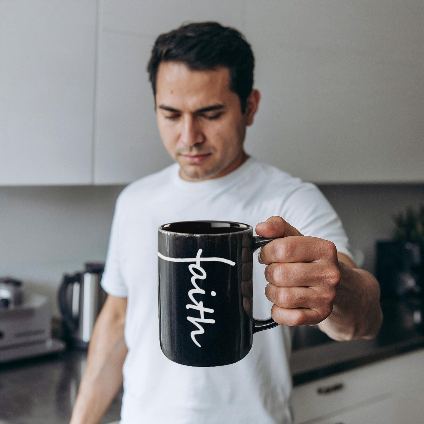 Faith (White) - Black Ceramic Mug 11oz. & 15oz. - Gift for Her - Gift for Him