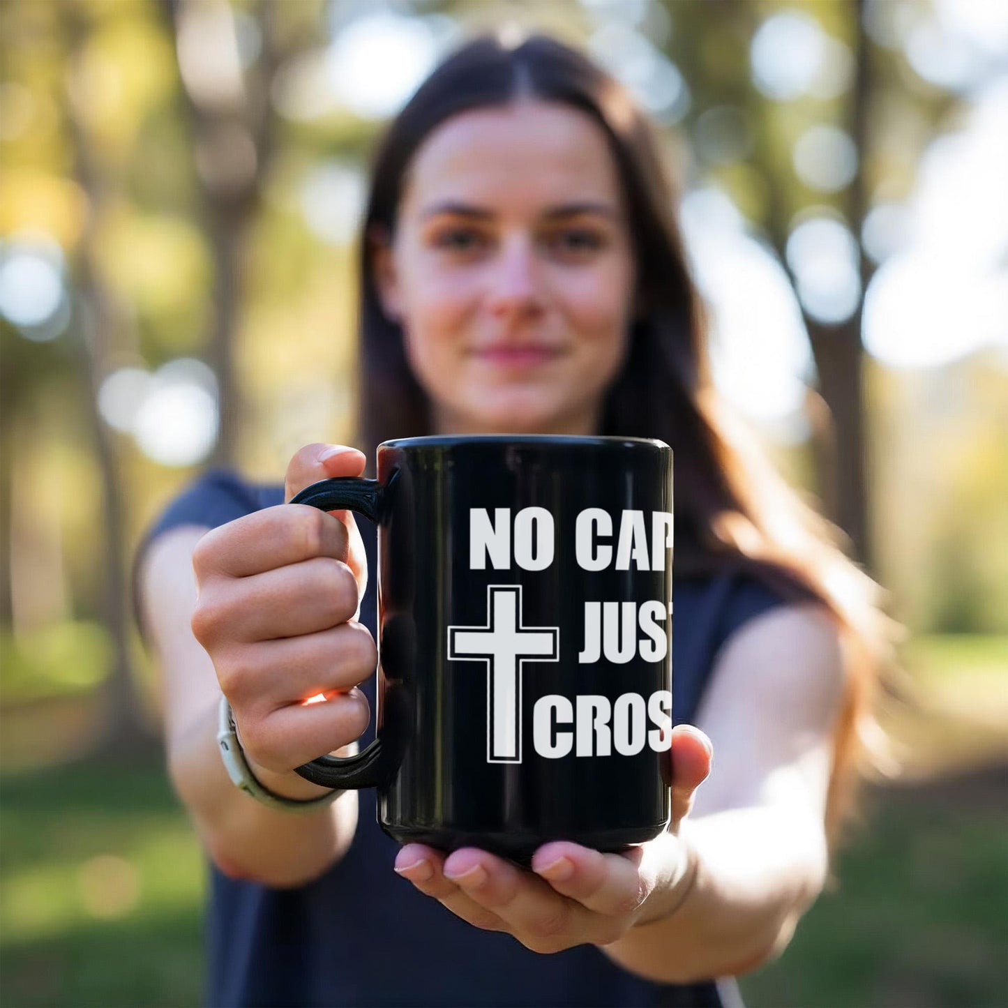 No Cap, Just Cross - Black Ceramic Mug 11oz. & 15oz. - Gift for Her - Gift for Him
